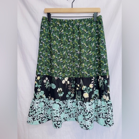 Loft Green Floral Print Elastic Waist High Rise Pull On Knee Length Midi Skirt - Picture 1 of 6